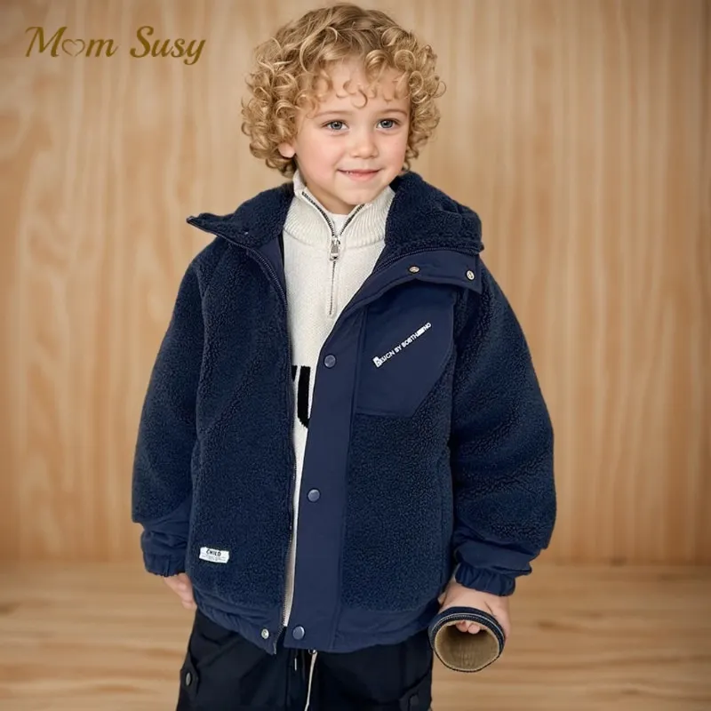 Fashion Baby Boy Winter Cotton-padded Hooded Jacket Thick Infant Toddler Child Warm Lamb Wool Coat Outwear Baby Clothes 3-16Y