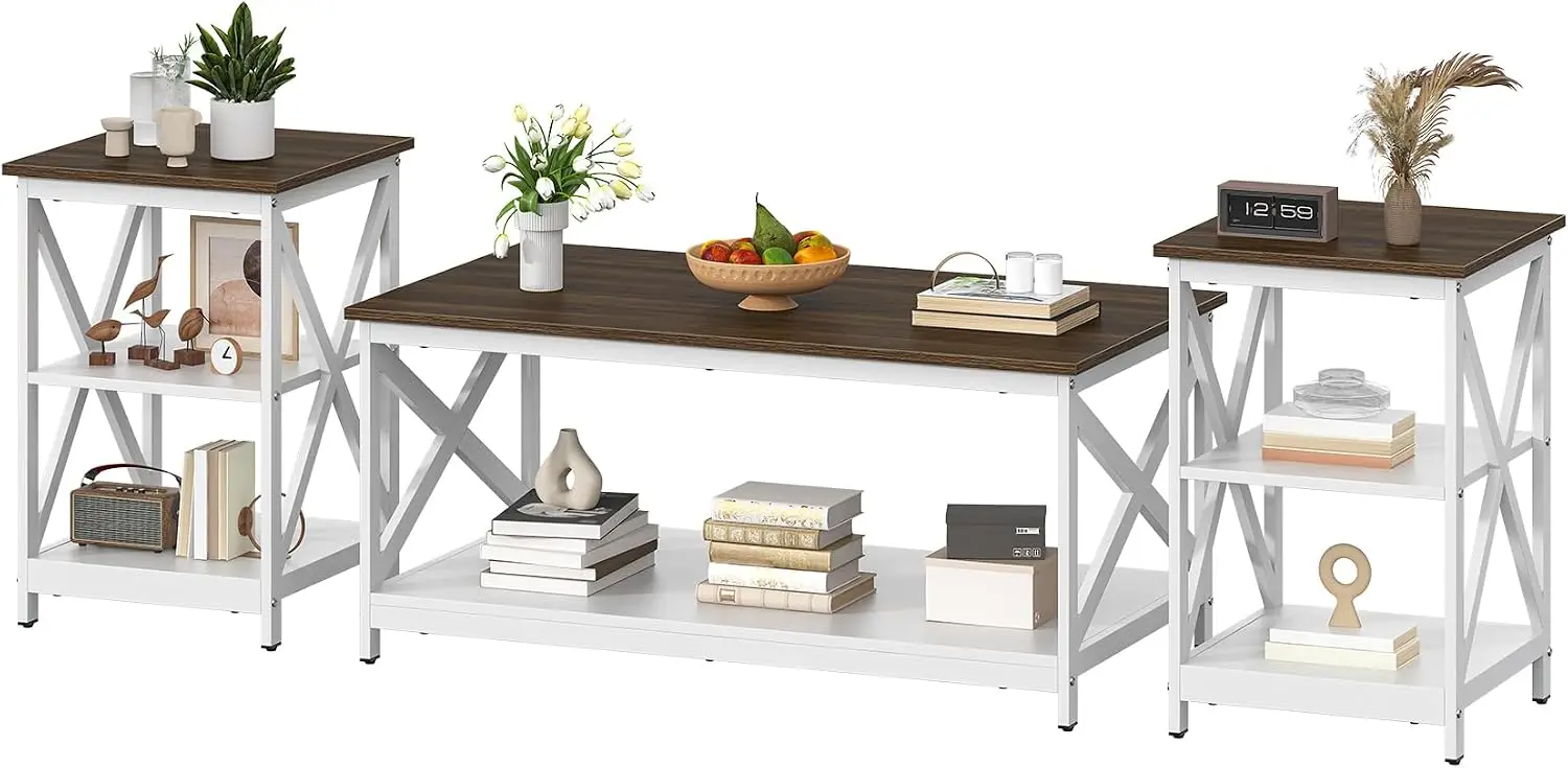 Living Room Coffee Table Set of 3, Industrial X-Design Coffee Table and 2 End Side Tables, 3 Piece Living Room Table Set With Large Storage for Apartment Home (White+Walnut Brown)