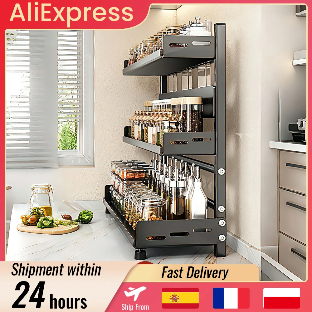 Portaspezie in metallo a 3 ripiani, regolabile in altezza, con contenitore, scaffale multifunzionale da cucina, design regolabile in altezza, organizzatore e sistema di stoccaggio per la cucina.