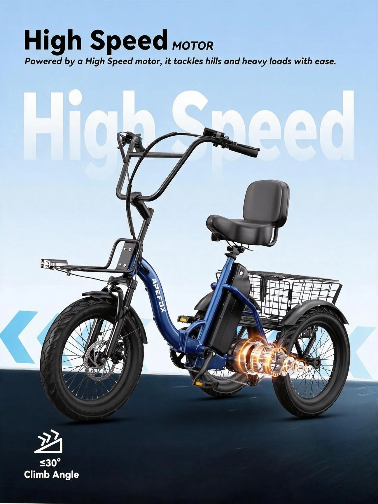 Triciclo Eléctrico RH30 en Stock de la UE, 18 Pulgadas, Motor de Alta Velocidad de 48V, Bicicleta de Carga Eléctrica Plegable con Cesta, Bicicleta de Reparto Eléctrica 48V15AH