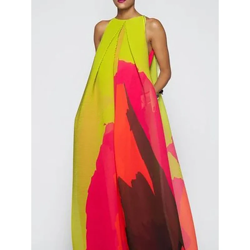 Tinaa New Women's Colorful Printed Multi-Colored Sleeveless Loose Round-neck Maxi Dresses for Vacation Urban Stylish Selection