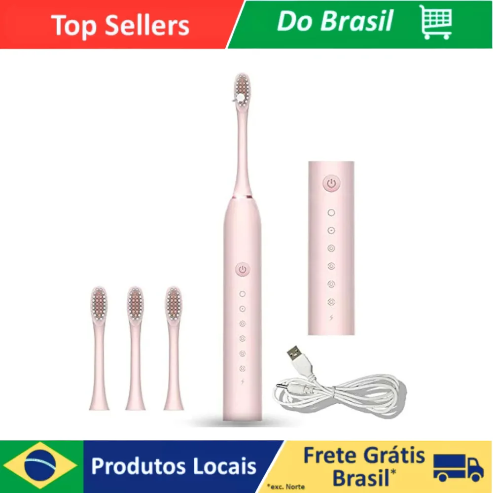 Escova Dental Elétrica USB Recarregável – 6 Velocidades, à Prova d’Água, 4 Cabeças