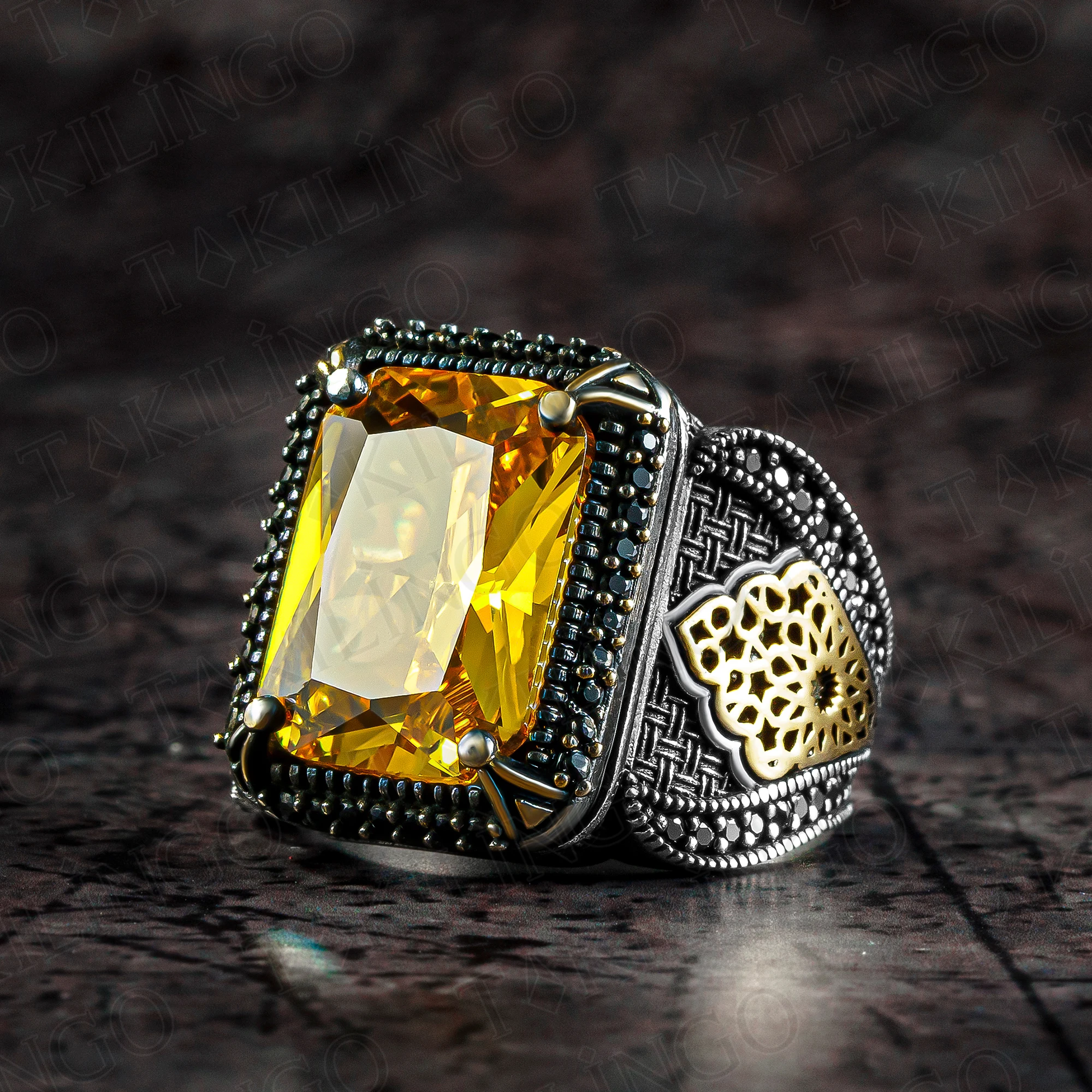 elegante carimbado solido 925 prata esterlina amarelo citrino pedra anel masculino com zircao artesanal joias turco presente para o marido 01