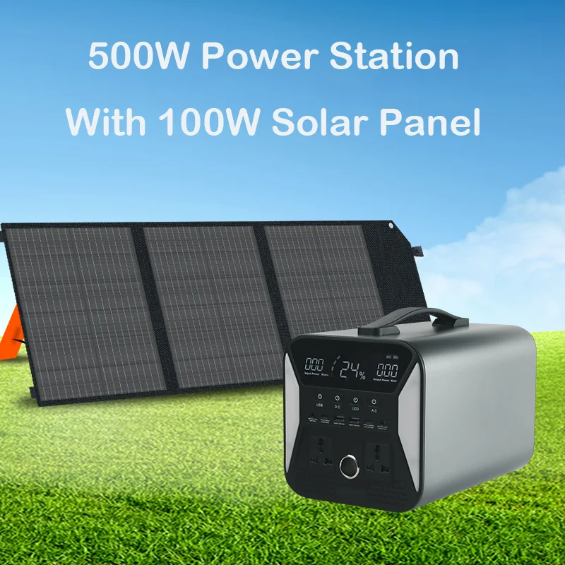 Panel Solar de 100W con estación de energía portátil de 500W para acampar al aire libre, batería de larga duración, almacén de la UE