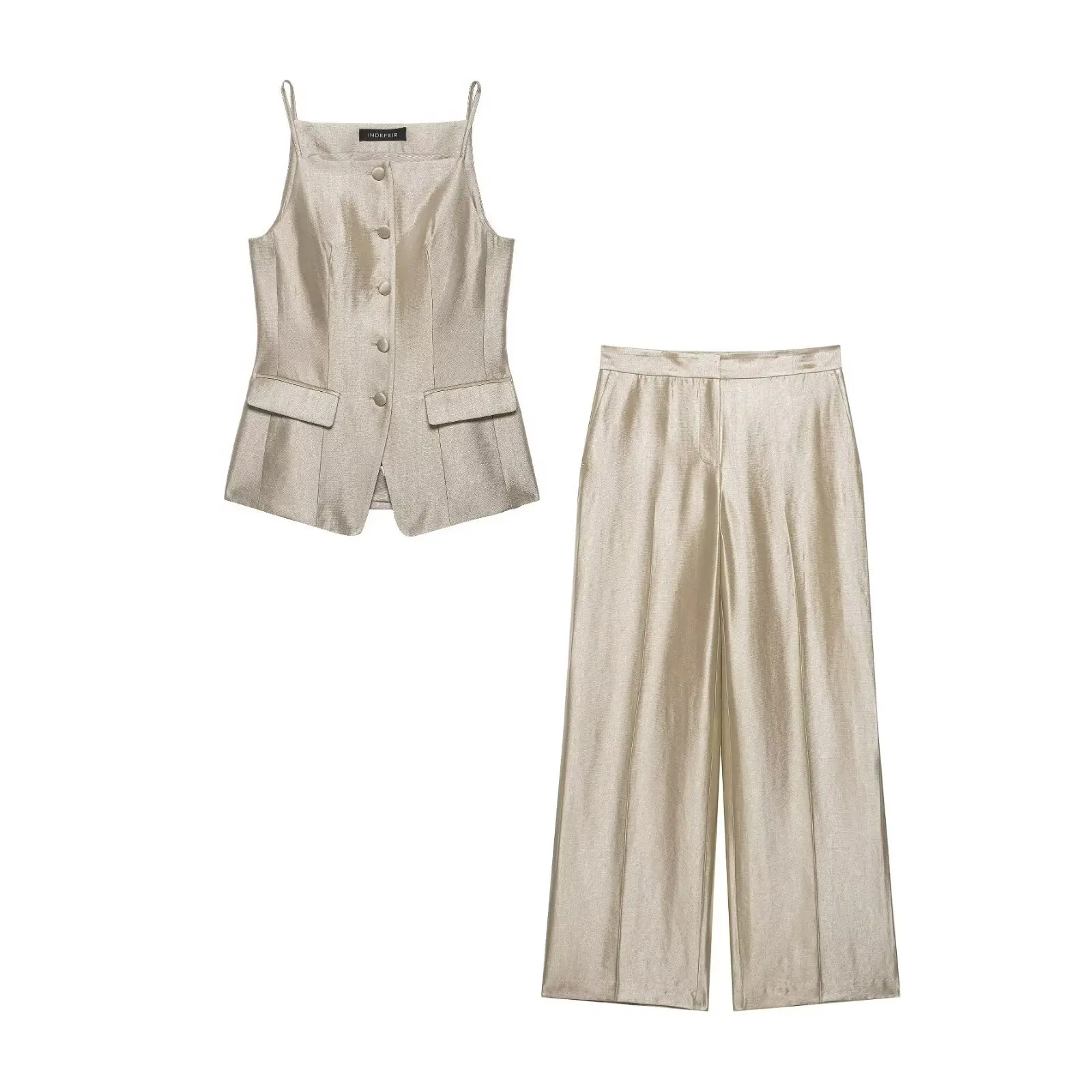 

Elegant Champagne Satin 2 Piece Set Women French Vintage Spaghetti Strap Camisole Top and Wide Leg Pants Suits Chic Party Outfit