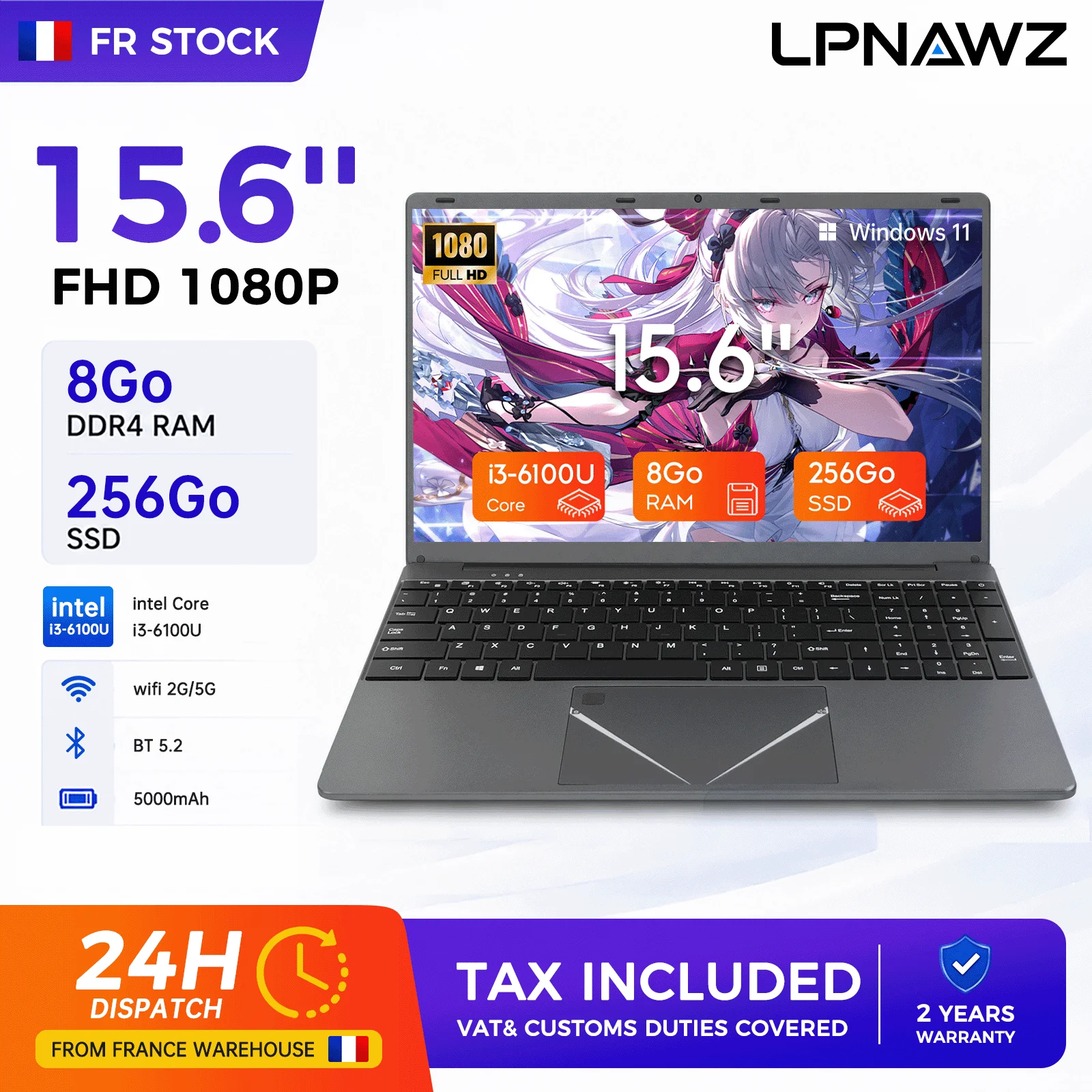 LPNAWZ Ordinateur Portable 15.6" FHD - Intel Core i3-6100U, 8Go RAM DDR4, 256Go SSD, Windows 11 Original en Français, WiFi 2G/5G, BT 5.2, Batterie 5000mAh, Livraison 24H depuis la France, TVA & Droits Inclus, Garantie 2 Ans + Film Clavier AZERTY Offert