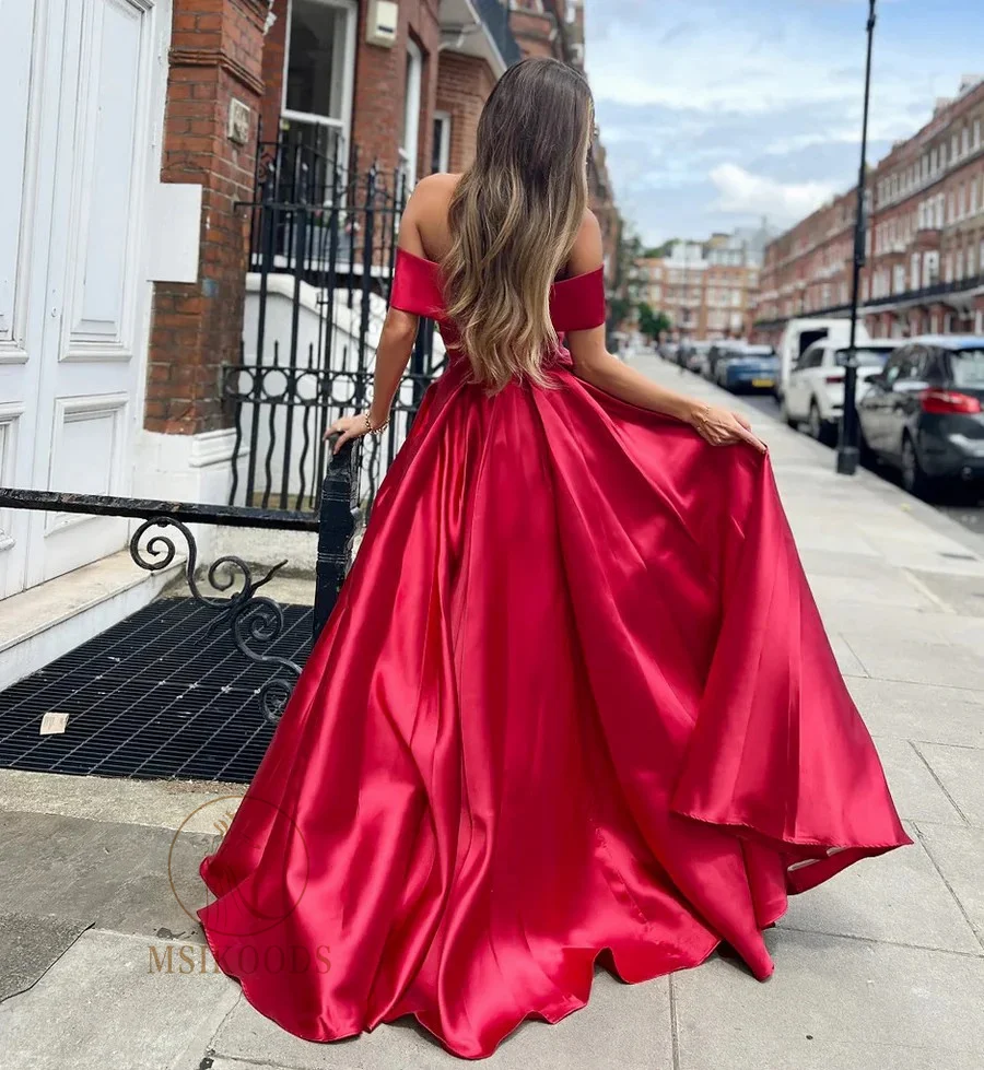 Msikoods Red Prom Dress Off Shoulder Satin Pleats Graduation Dress Evening Dress Women Elegant Princess Customizd Party Gown