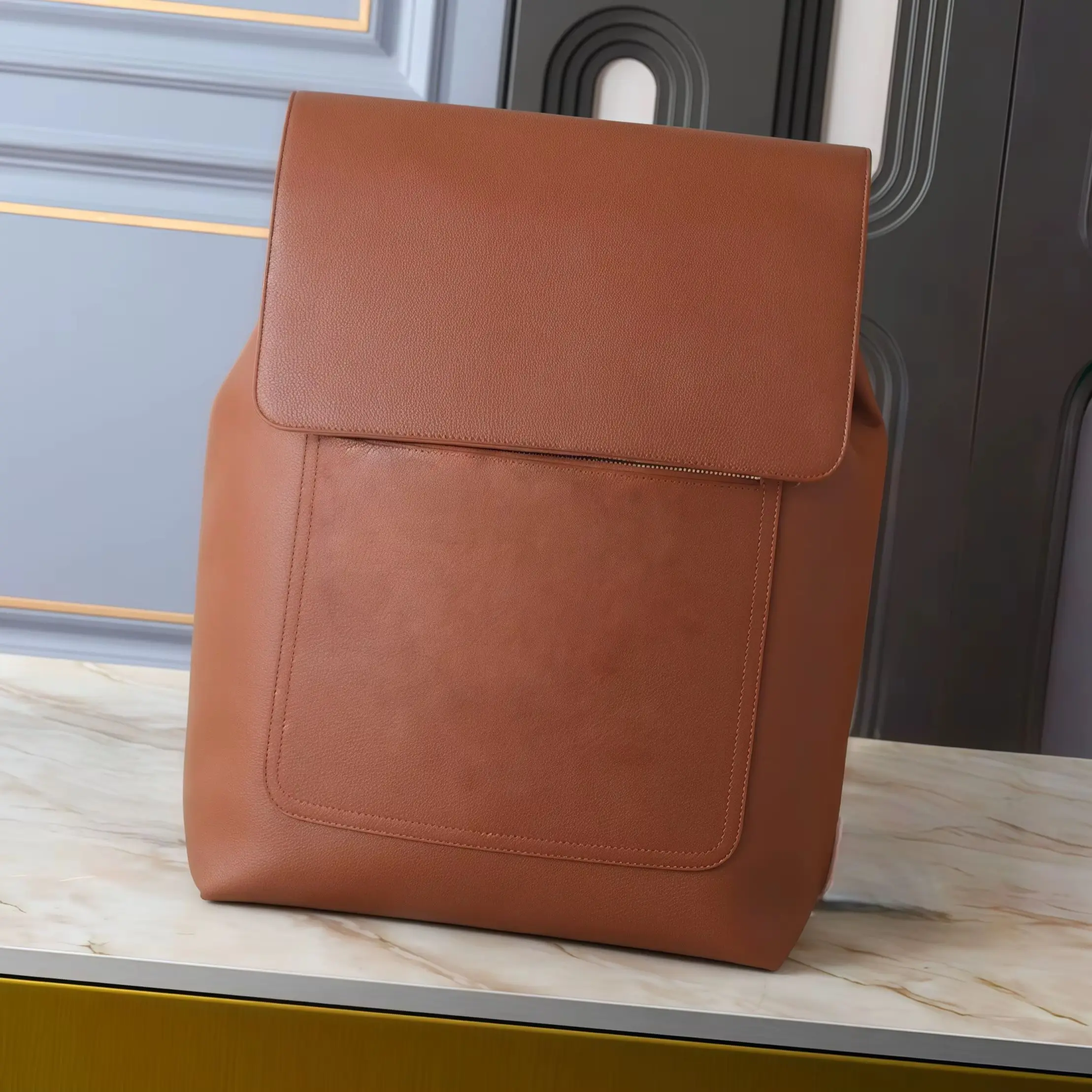 

2026 Новый женский рюкзак, унисекс, большой вместимости, кожа, два цвета в наличии, коричневый, 38 x 43 x 15 см