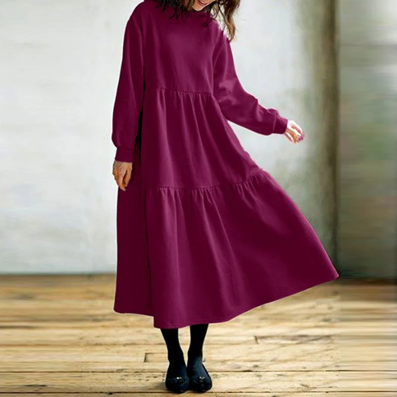 Ladies Long Sleeve Blouse Shirt Dress Vestido Spring Autumn Loose Casual Female Women Solid Pleated Hoodies Long Dress Plus Size