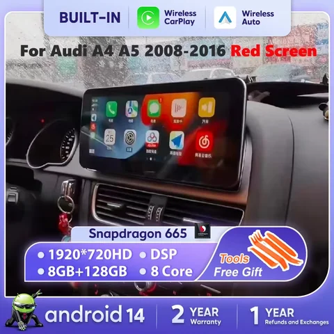 Nunoo 차량용 라디오 플레이어, 안드로이드 14 카플레이, 아우디 A4 A5 2008 2009-2016 MMI 2G, 기본 레드 스크린, GPS 네비게이션, 멀티미디어 스테레오 와이파이