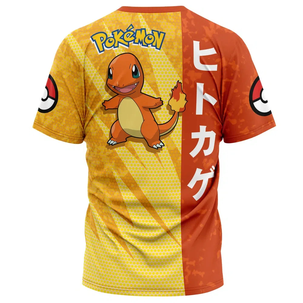Men's Two Tone Split Full Sublimated Anime Graphic T-Shirt, Pokemon Charmander Fire Breath Print Pokeball On Sleeves Vertical Ja
