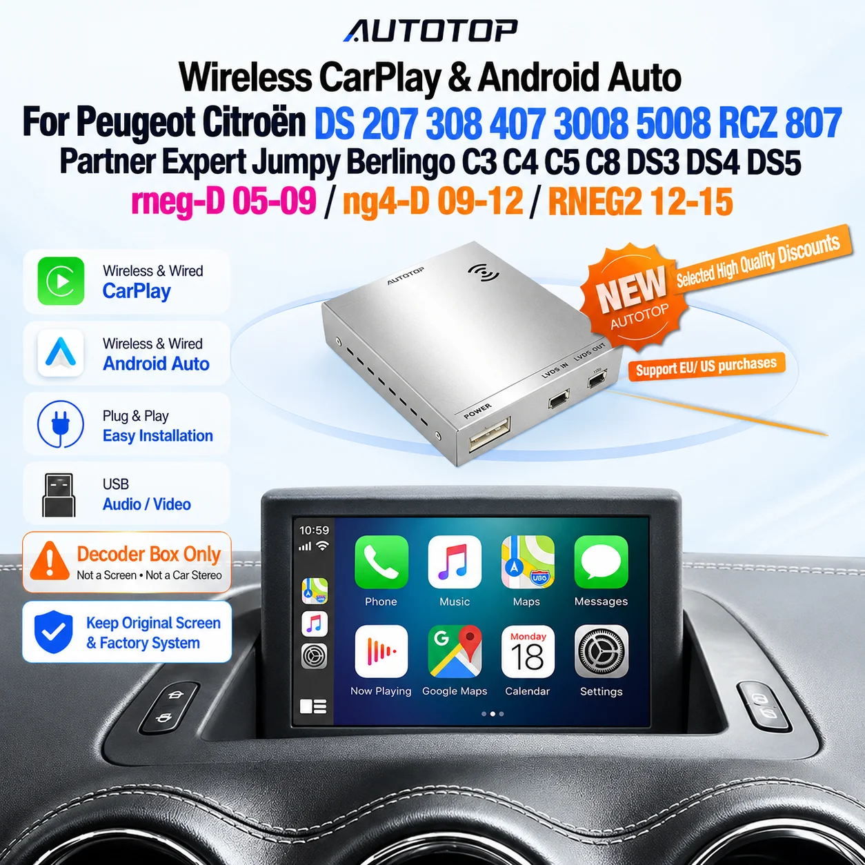 Decoder Retrofit Schermo OEM AUTOTOP per RNEG RNEG-D / NG4 RNEG2 RT6 Peugeot 208 2008 308 3008 5008 508 RCZ Citroen C3 C4 C4 Picasso C5 DS3 DS4 DS5, Supporta Interconnessione Wireless Bluetooth