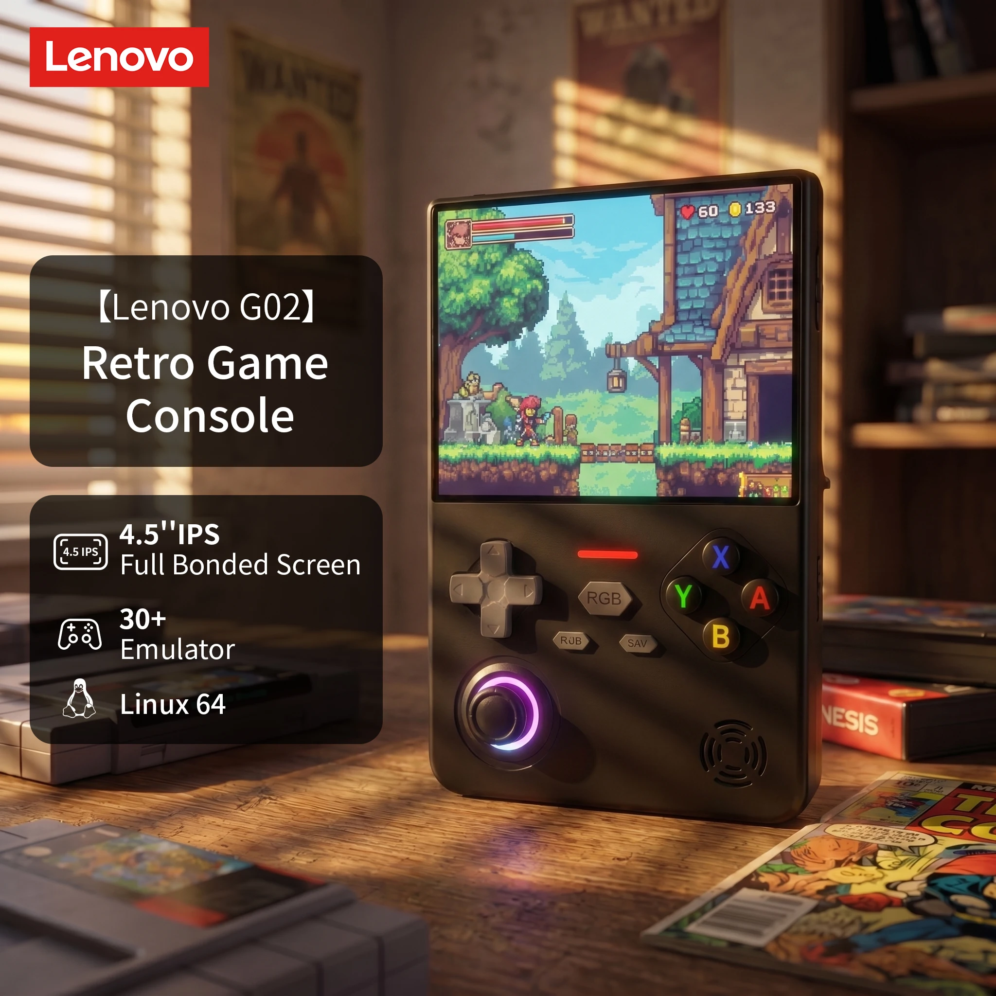 

Портативная ретро-игровая консоль Lenovo G02, 4.5-дюймовый HD IPS-экран 1024x768, аккумулятор 4000 мАч, 30+ классических платформ, RGB-подсветка с эффектом дыхания