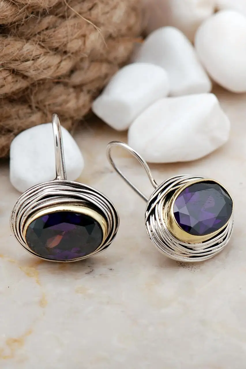 

Handmade 925 Real Silver Wire Wrap Dangle Earrings Natural Amethyst Stone Drop Earrings Jewelry Gift for Her for Women