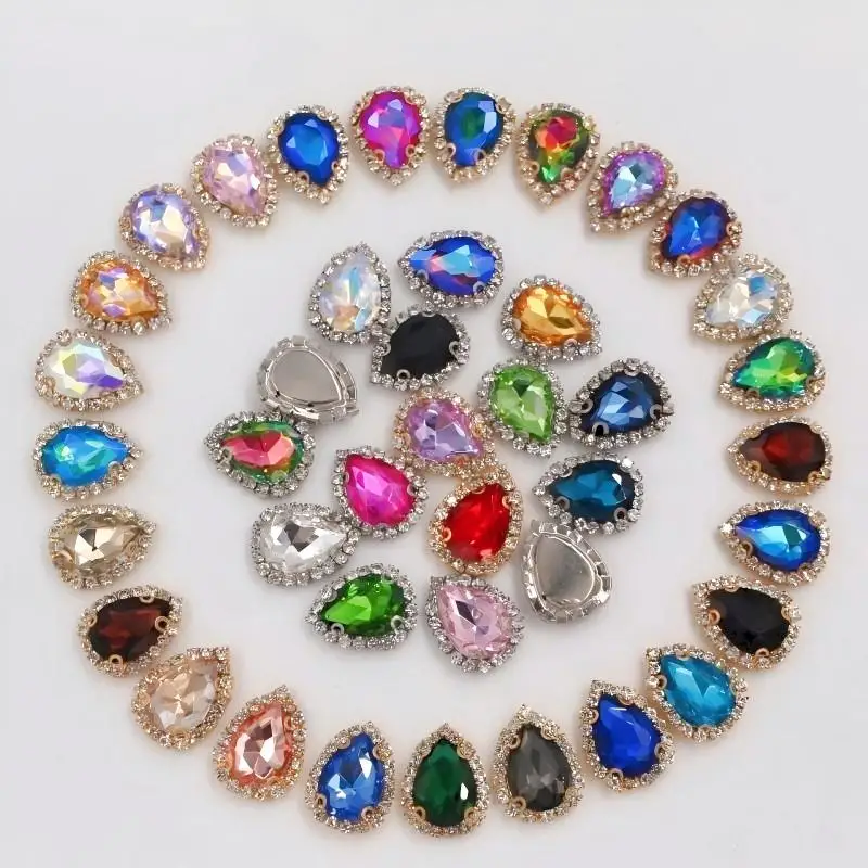 

10*14mm-18*25mm 42 Colors Silver/Gold base faltback sew on Crystal button high quality Glass Crystal loose rhinestones with claw