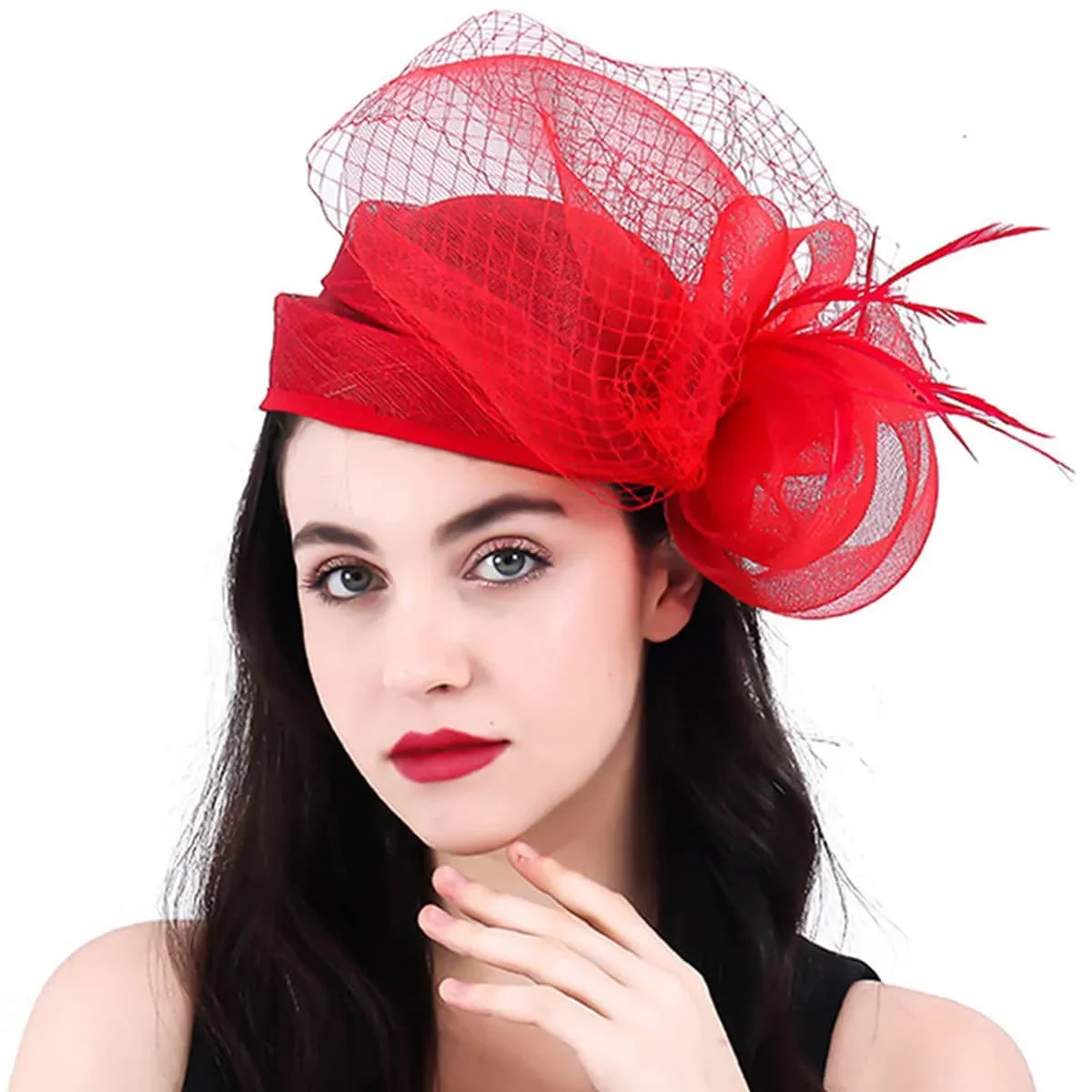 Sinamay Bridal Wedding Red Fascinators Hats For Woman Church Cocktail Tea Party Dress Elegant Derby Cap Hat With Feather Veil — zdjęcie 2