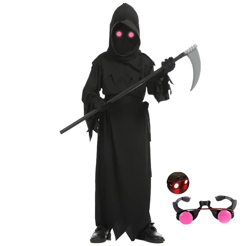 Halloween Cosplay Kostüm Sensenmann Gruseliges Skelett Kostüm Kinder Leuchtende Rote Augen Sensenmann Geister Robe Senden Sense Requisiten