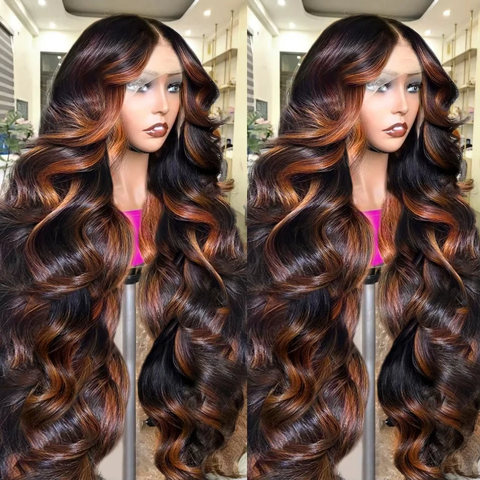 300% 13X6 HD Ombre Highlight 1B/30 Black Brown 30 32 Inch Body Wave Lace Front Human Hair Wigs Transparent 13x4 Lace Frontal Wig