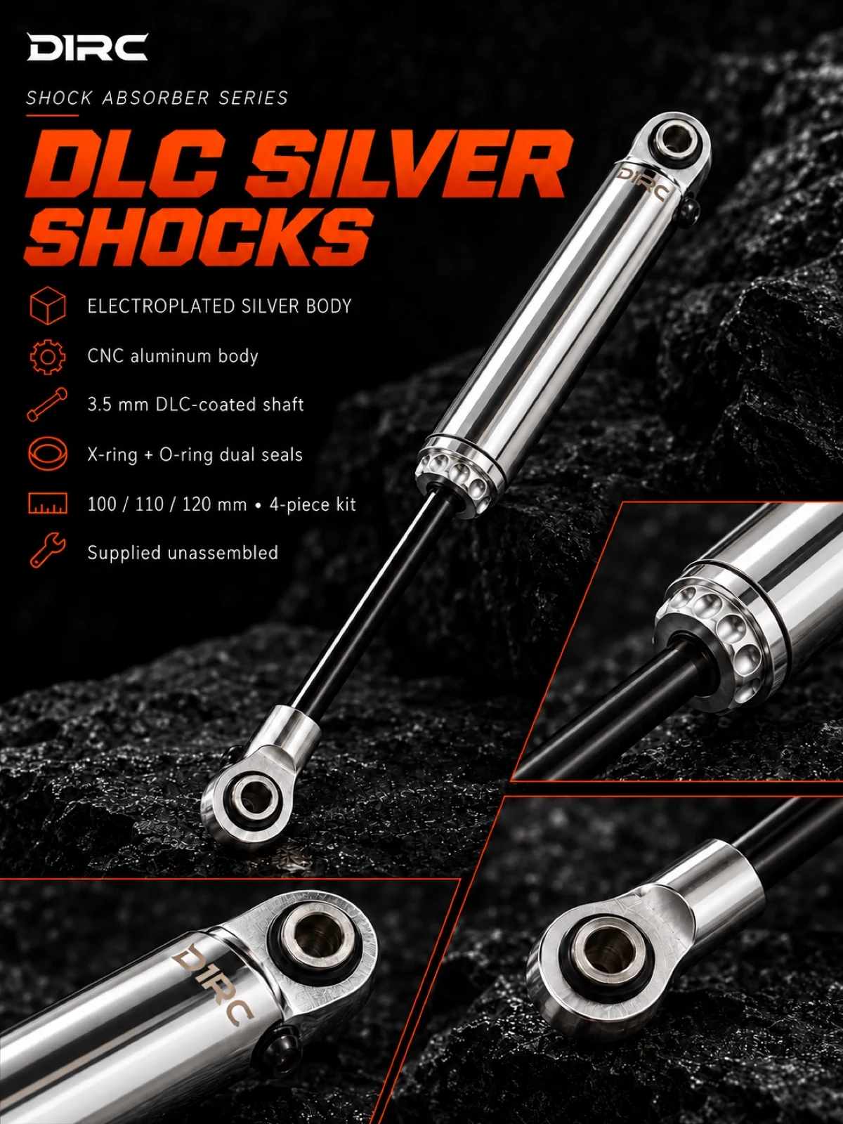 D1RC CNC Aluminum Shock Absorbers for 1/10 RC Crawler, 4 Pcs OP Damper Set, Adjustable 100/110/120 mm, Ceramic & DLC Coated