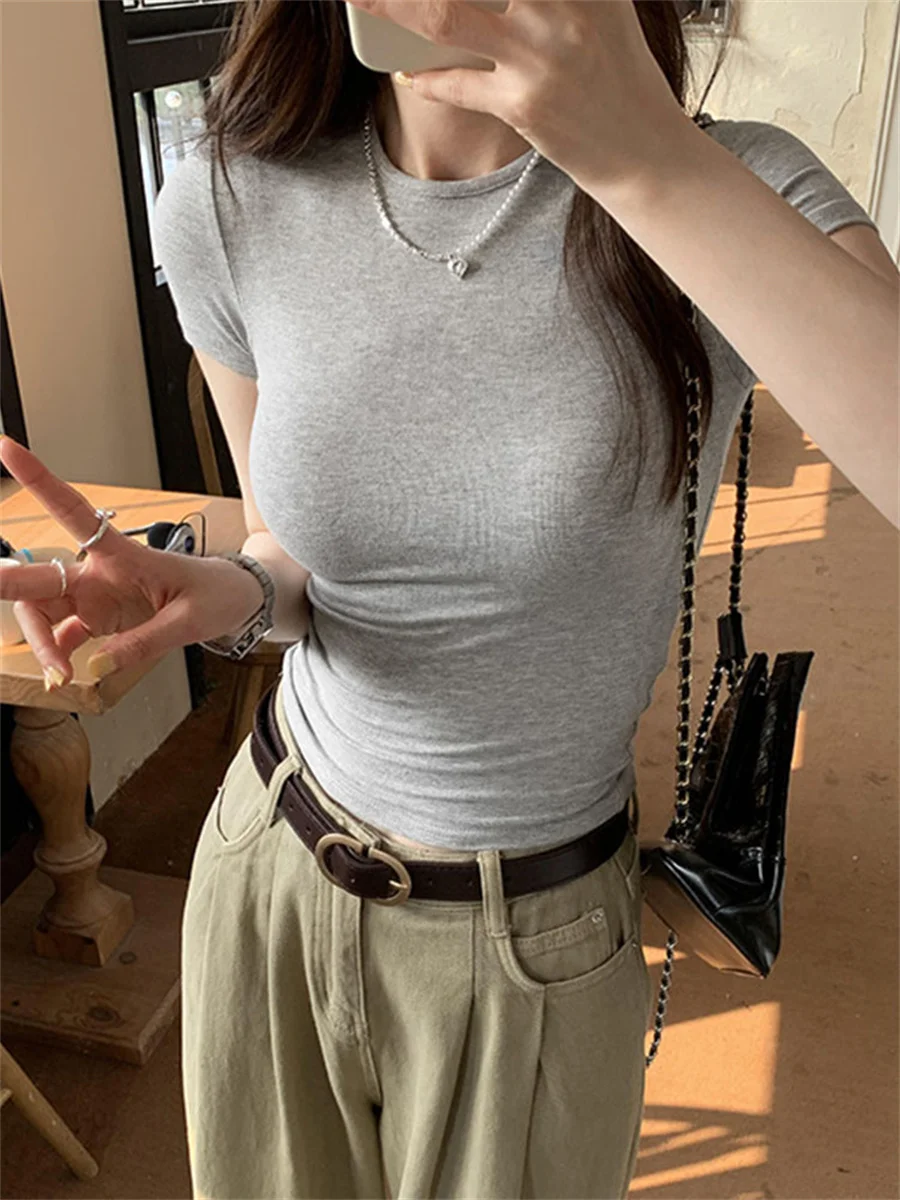 الأساسية الصلبة المحاصيل الأعلى قصيرة الأكمام Crewneck نحيل تي شيرت الصيف عارضة المحملة للنساء y2k خمر الأعلى Harajuku الشارع الشهير