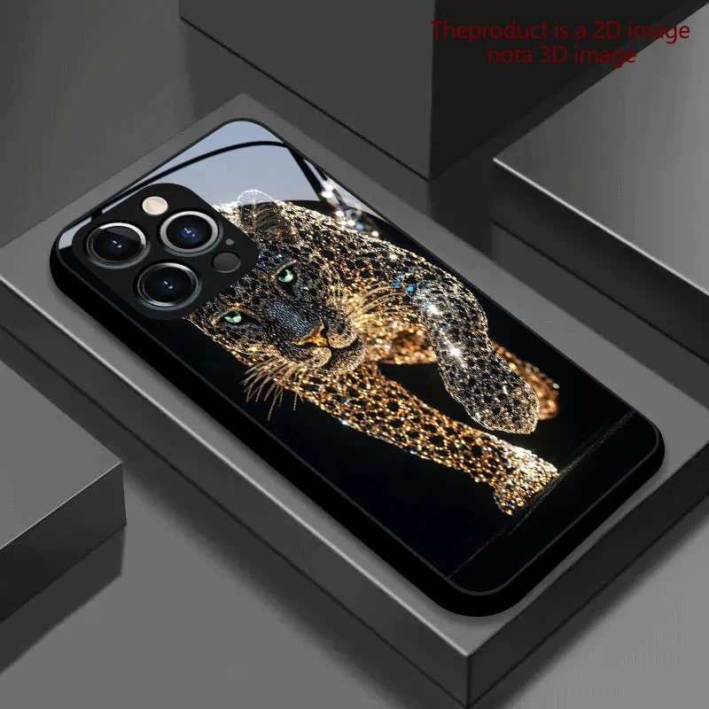 PROTECT Diamond-set Gold Cheetah for iPhone 17/16e/16/15/14/13/12/Max/11/Pro/Plus Luxury Tempered Glass Protective Case view 3
