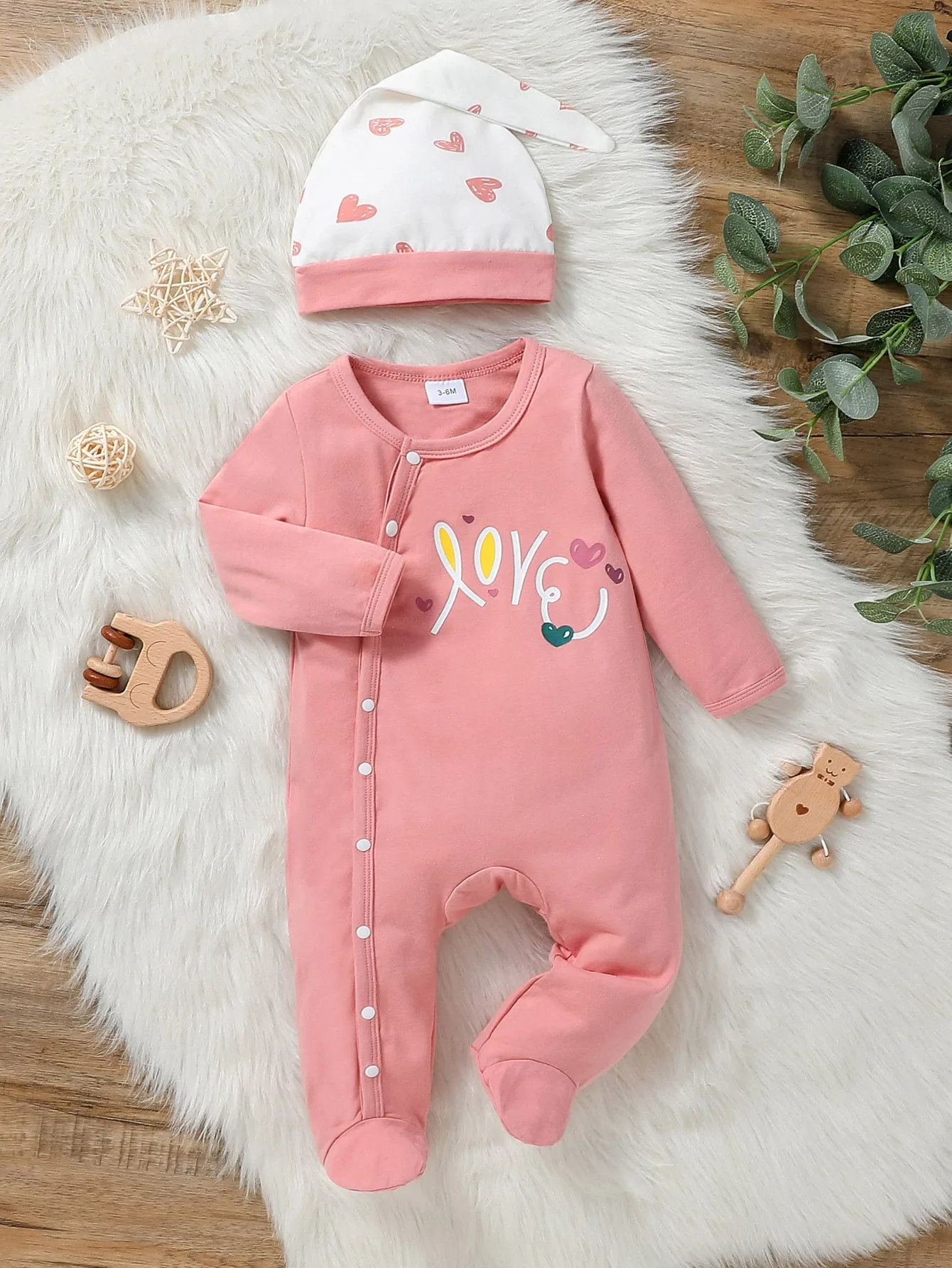 2Pcs Newborn Baby Girl Cute Spring/Autumn Cotton Long-sleeve Love Heart Print Footed Honey Comfort Jumpsuit +Hat