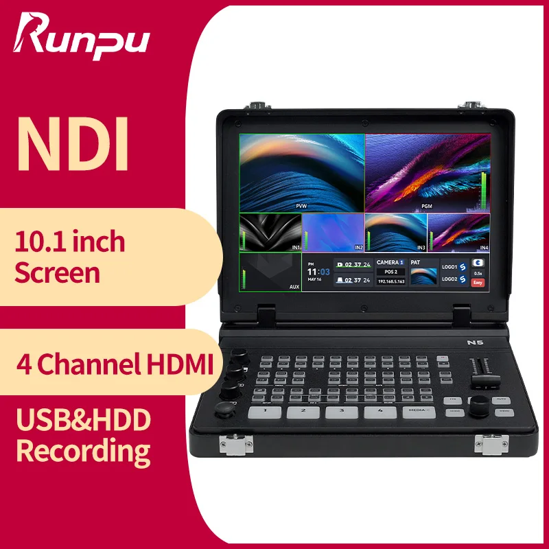 Portable 10.1 Inch LED Sceen 4 Channel HDMI Video Mixer Switcher Live Broadcasting with RTMP/SRT Stream & Record