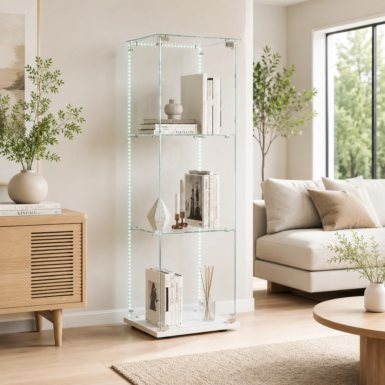 Vitrine en Verre sur Pied, Armoire Vitrine avec 1 Porte et 3 Niveaux, Vitrine de Rangement pour Collections, Figurines, Livres, Décoration, Salon, Bureau, Couloir, Chambre, Style Moderne Transparent, Étagère Maison Mod