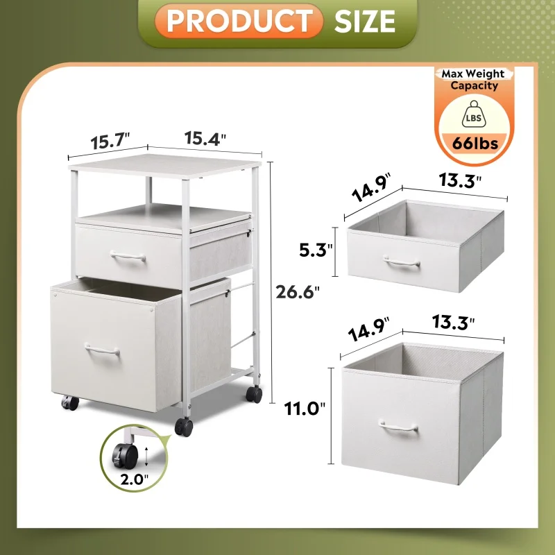 GALAXHERO Schedario in tessuto a 2 cassetti Schedario verticale mobile con ruote Supporto per stampante con rotelle Organizzatore Home Office