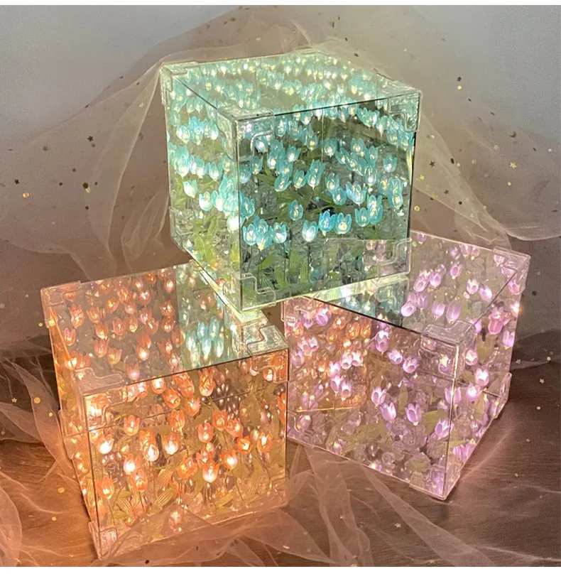 DIY Tulip Flower Sea Material Package Night Light Magic Cube Mirror Atmosphere Night Light Octagonal Transparent Festival