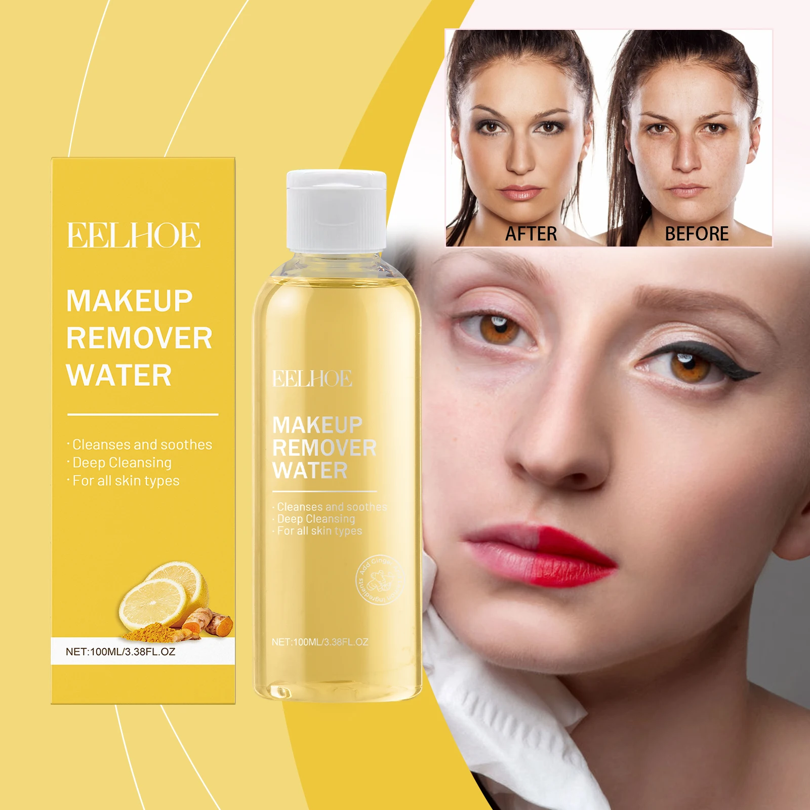 EELHOE jengibre limón eliminación de maquillaje agua limpieza de temperatura maquillaje Facial piel refrescante y no apretado agua de eliminación de maquillaje