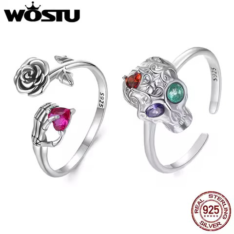 WOSTU 925 Sterling silver Rose Skeleton Hand Open Ring For Women Punk Gift Wing Heart Adjsutable Rings Party Jewelry Hip Hop