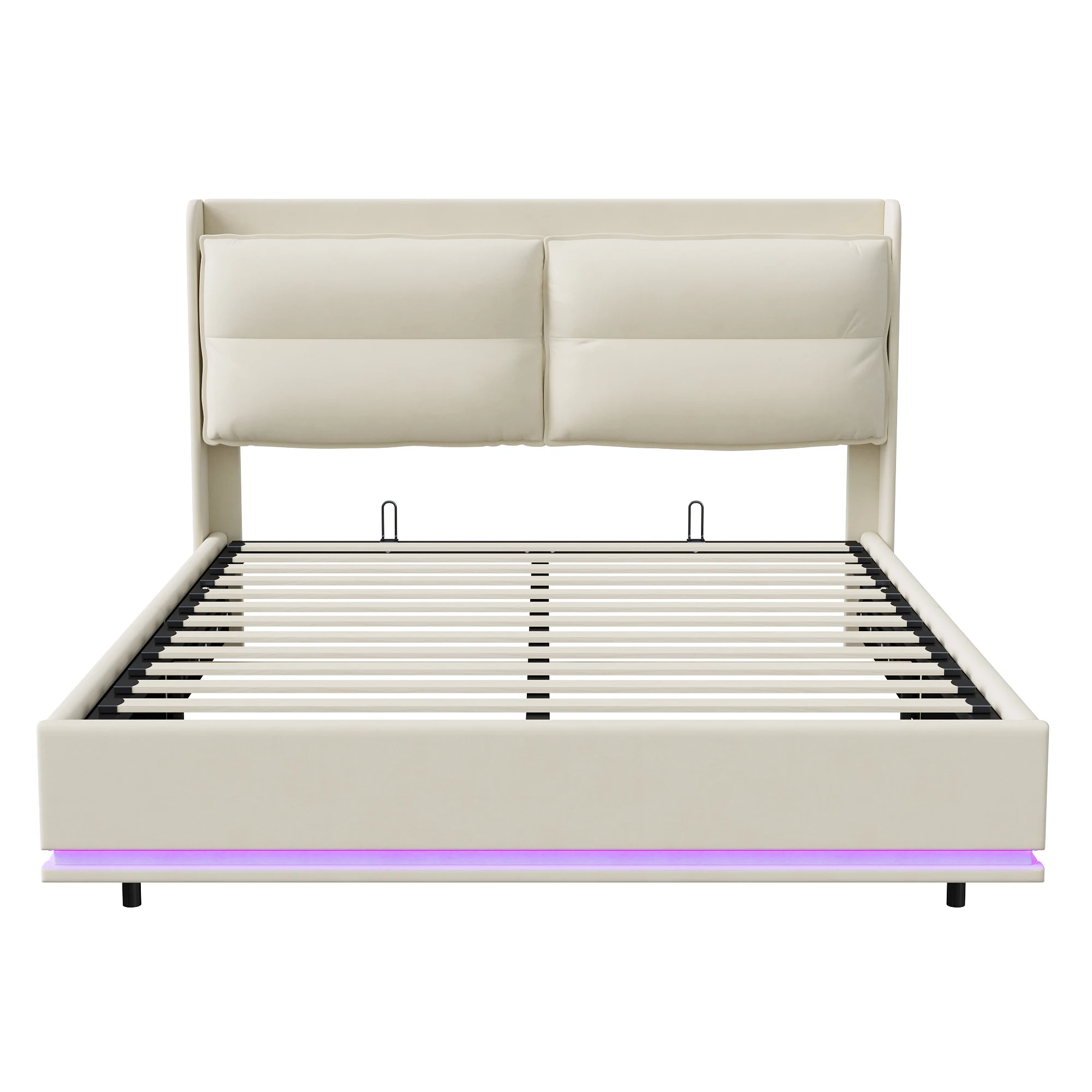 Doppelbett 160 × 200 cm, aus Velours, Rückenlehne mit Reißverschluss, mit Gasdruckfeder, cremefarben