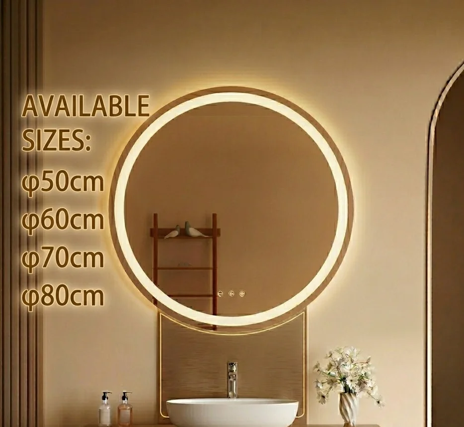 Miroir Salle de Bain LED Rond Anti-buée, Miroir Lumineux Salle de Bain avec Double Éclairage, 3 Couleurs Dimmable, Tactile Intelligent, Miroir Éco Sans Cuivre, IP67 Moderne