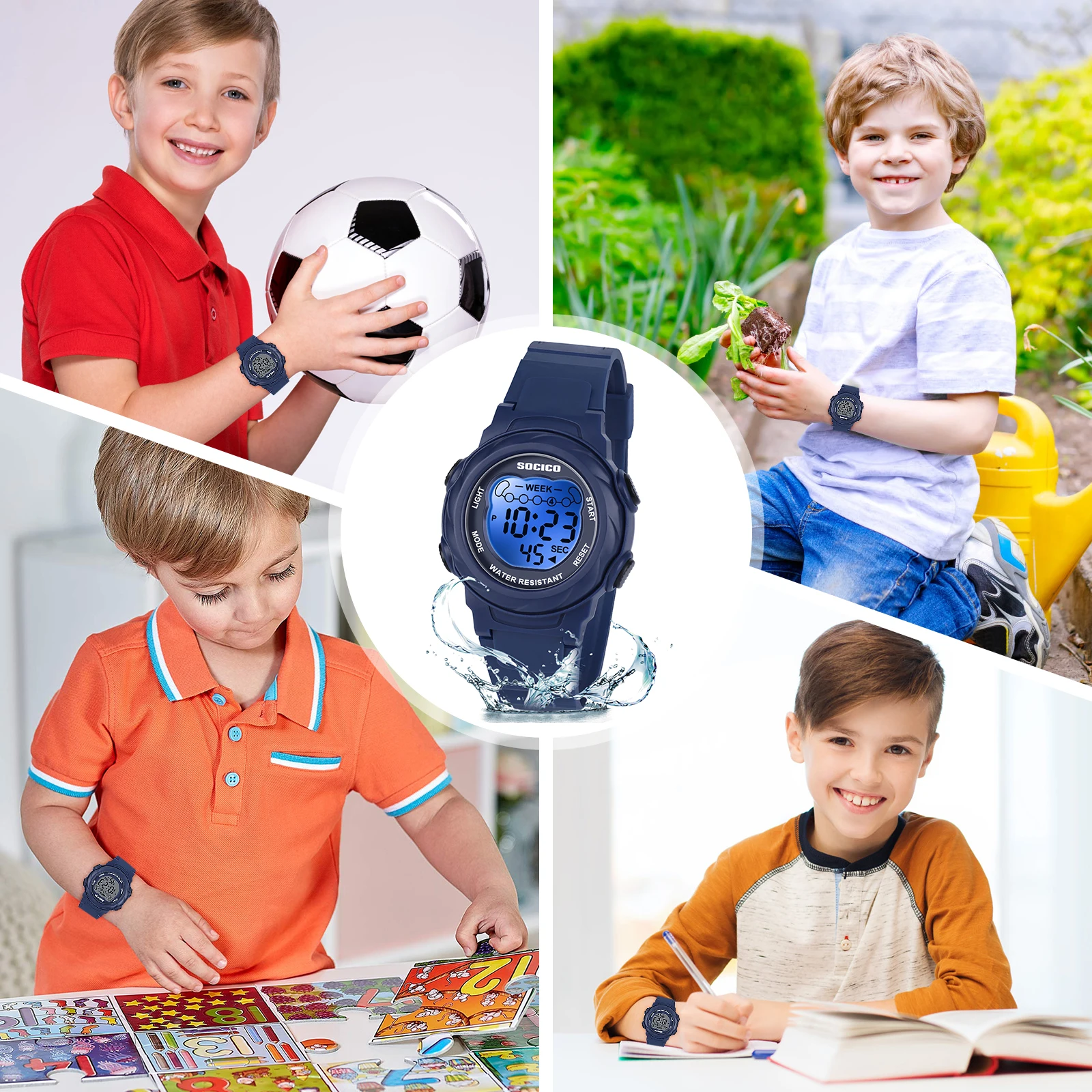SOCICO Relojes digitales para niños y niñas, reloj de pulsera con banda suave resistente al agua con luces de 7 colores, regalos de Navidad para niños de 5 a 12 años