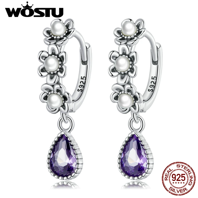 WOSTU 925 Sterling Silver Vintage Pearl Earring Purple Drop Zircon Ear Buckles Blooming Flowers Danlge Earring Fine Jewelry Gift