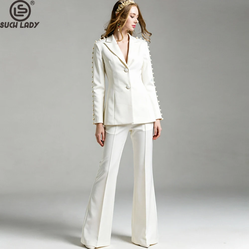 

Women's White Blazer & Pants Set Double Breasted Notched Lapel Suit with Pearl Buttons Trim - Elegant Office Workwear Outfit