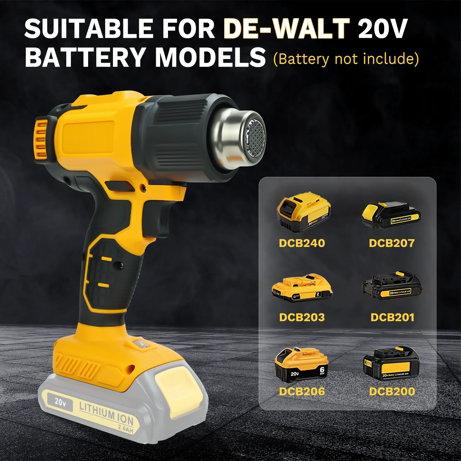 300W 540℃ Cordless Heat Gun with 5 Nozzle & LCD Digital Display Shrink Wrapping Hot Air Gun for Dewalt 20V Battery (No Battery)