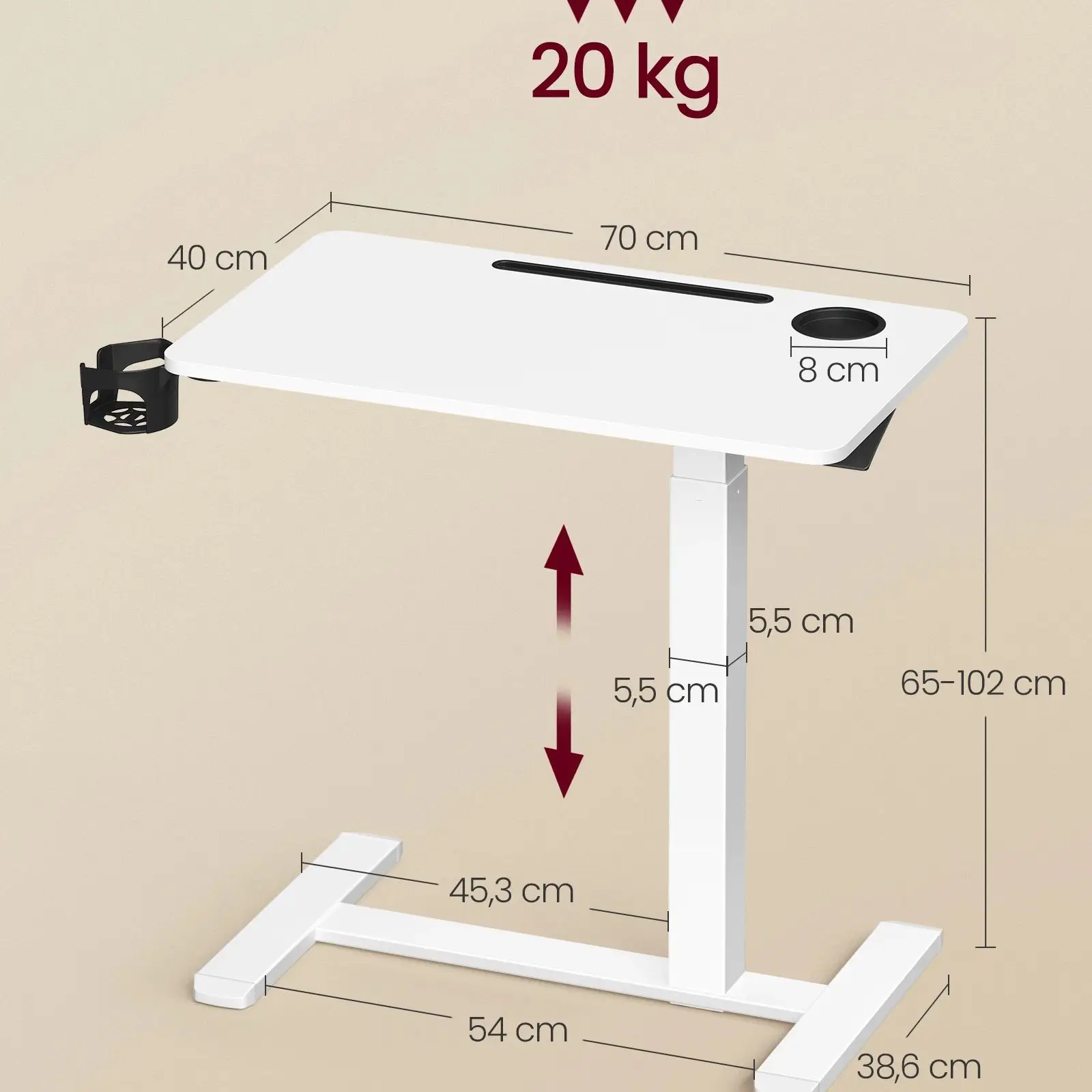 VASAGLE bijzettafel met wielen, mobiele bartafel, tafelblad 70x40 cm, in hoogte verstelbaar, 2 bekerhouders