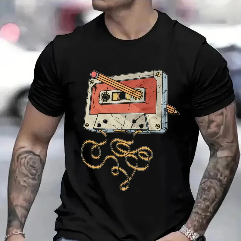 Cassette Vintage pour hommes avec crayon T-shirt chemises pour les gars t-shirts graphiques drôles vêtements d'anniversaire mode t-shirts pour hommes décontractés