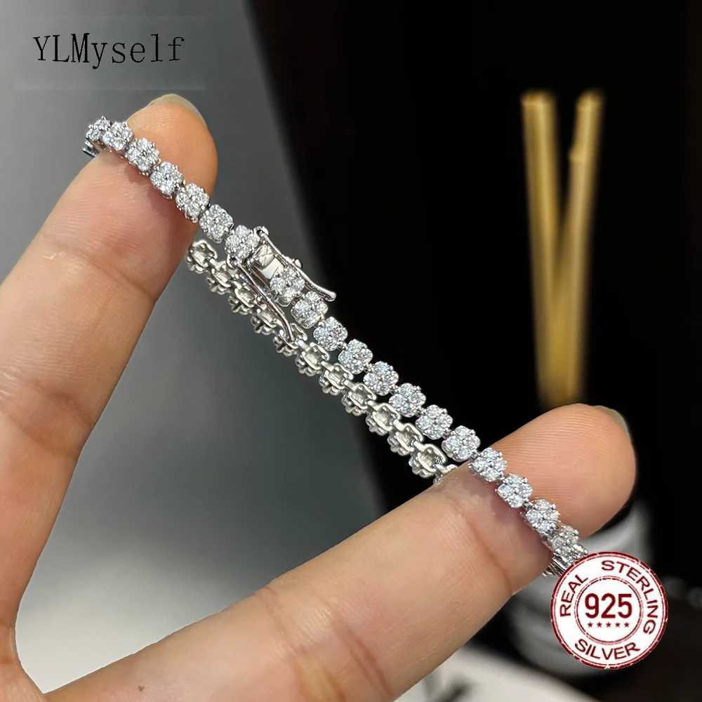 

YLMyself Теннисный браслет из муассанита, стерлинговое серебро 925 пробы, цветочный кластер, свадебные украшения для женщин, тонкий D-цвет, VVS1, подарок с бриллиантами