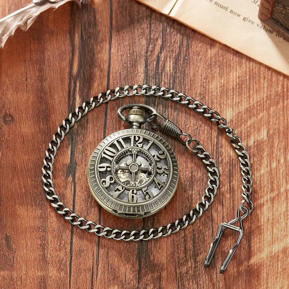 Bronze Hollow Arabic Numerals Design mechanical Pocket Watch Sweater Chain Pendant Necklace Pendant Clock Gifts Men Women