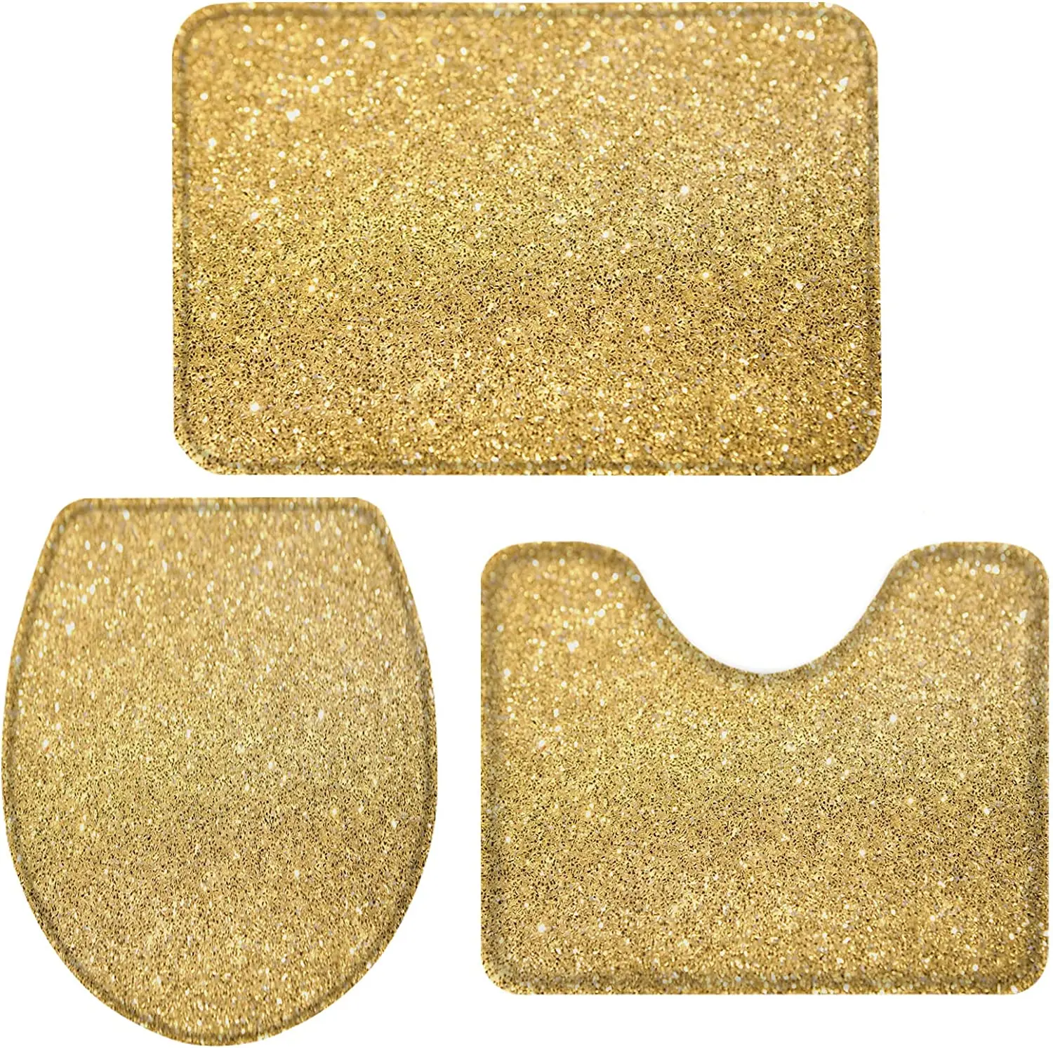 3 Piece Bath Rugs Sets Gold Glitz Sequins Toilet Sets Bath Mat Water Absorbent U-Shaped Contour Toilet Mat Toilet Lid Cover