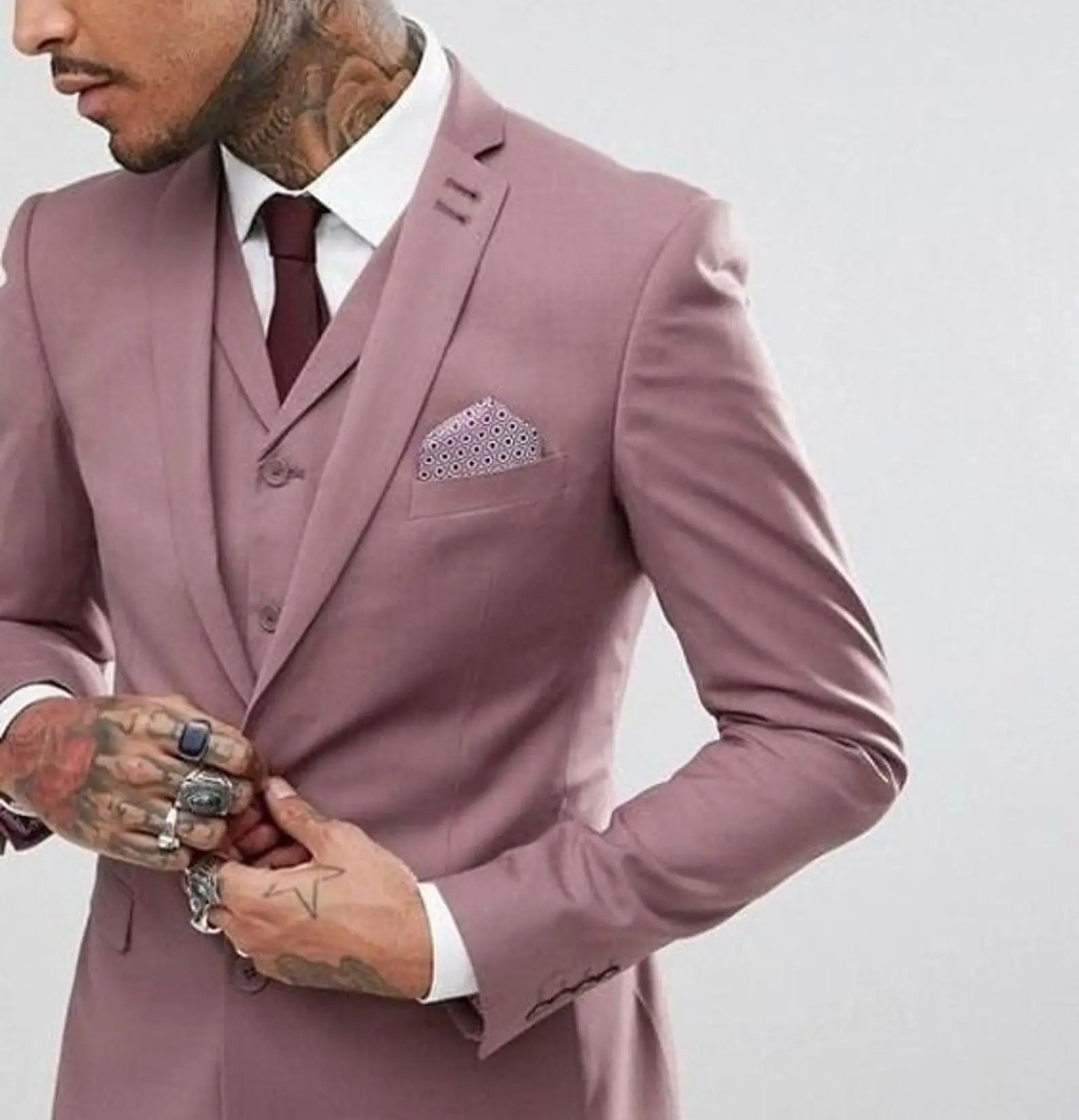 Dirty Pink Men Suits Slim Fit Formal Wedding Prom Evening Tuxedo For Bridegroom Wear Three Pieces Jacket+Pants+Vest Custom Made