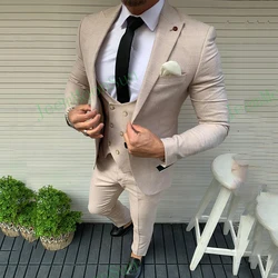 Beige Linen Male Suit 2023 Slim Fit Peak Lapel Mens Wedding Suit One Button 3 Pieces Groom Wear Blazer Vest Pants Costume Homme