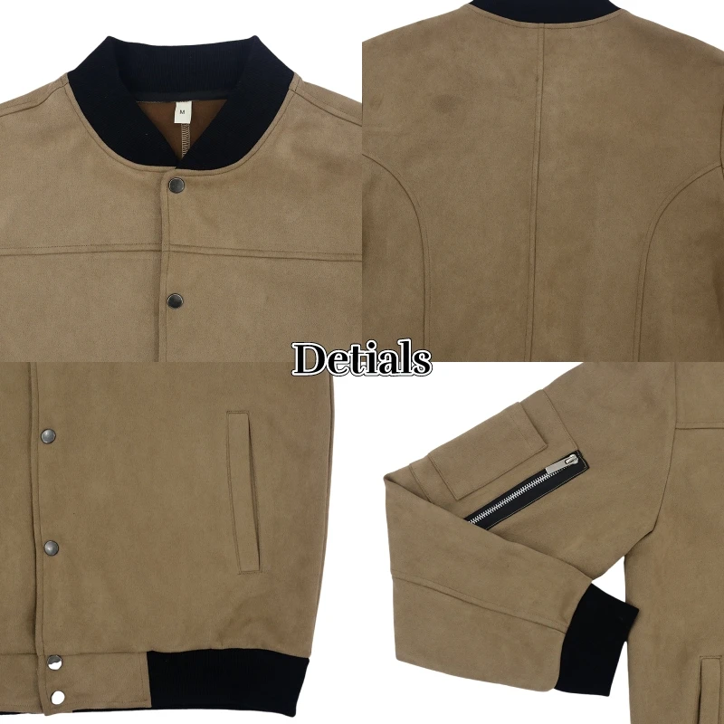 Baseall-Classic Suede Leather Jacket for Men, Casual Coat for Hiking, Camping, Cycling Fashion Stand Collar Outerwear, Autumn