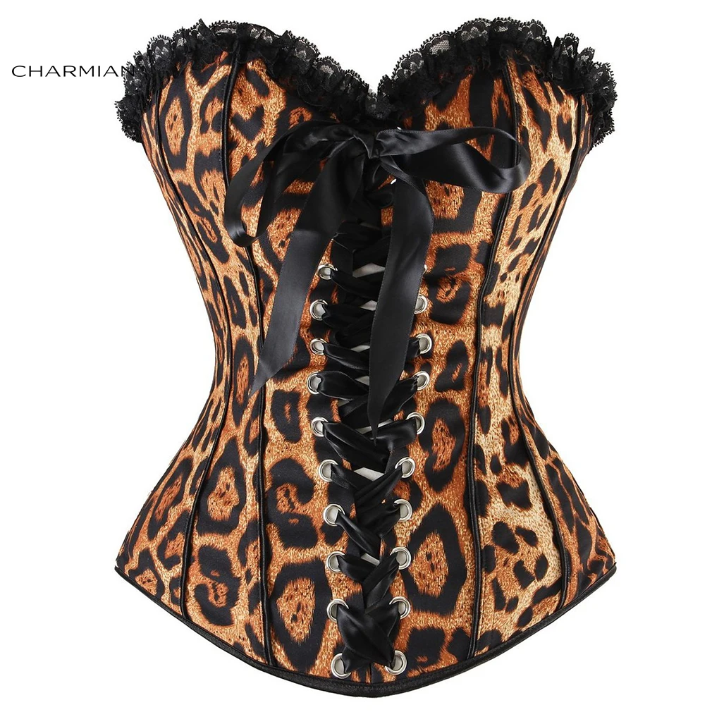 

Charmian Sexy Leopard Corset Women Strapless Leopard Print Ruffle Trimmed Temptation Plastic Bones Overbust Corset Bustier Brown