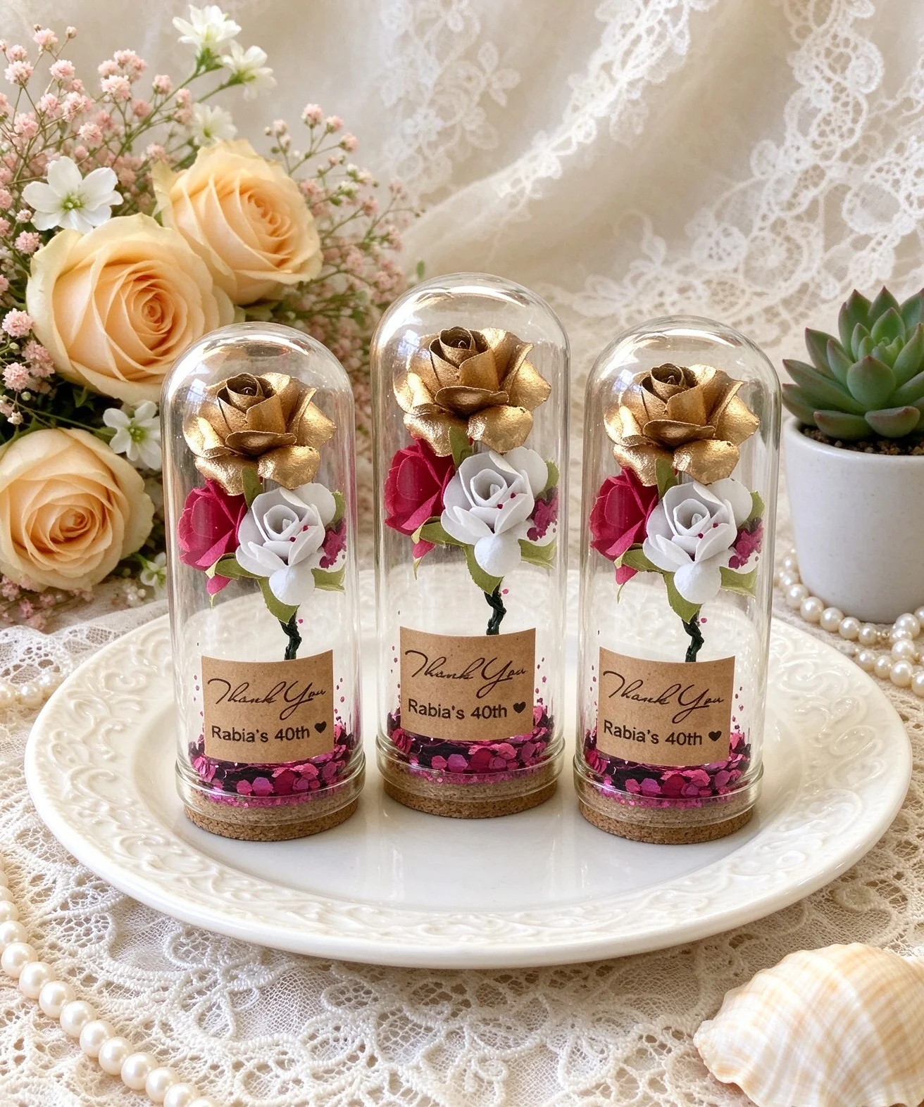Glass Dome Cloche Wedding Favors for Guests Personalized Custom Name Date Beauty and the Beast Rose Gifts