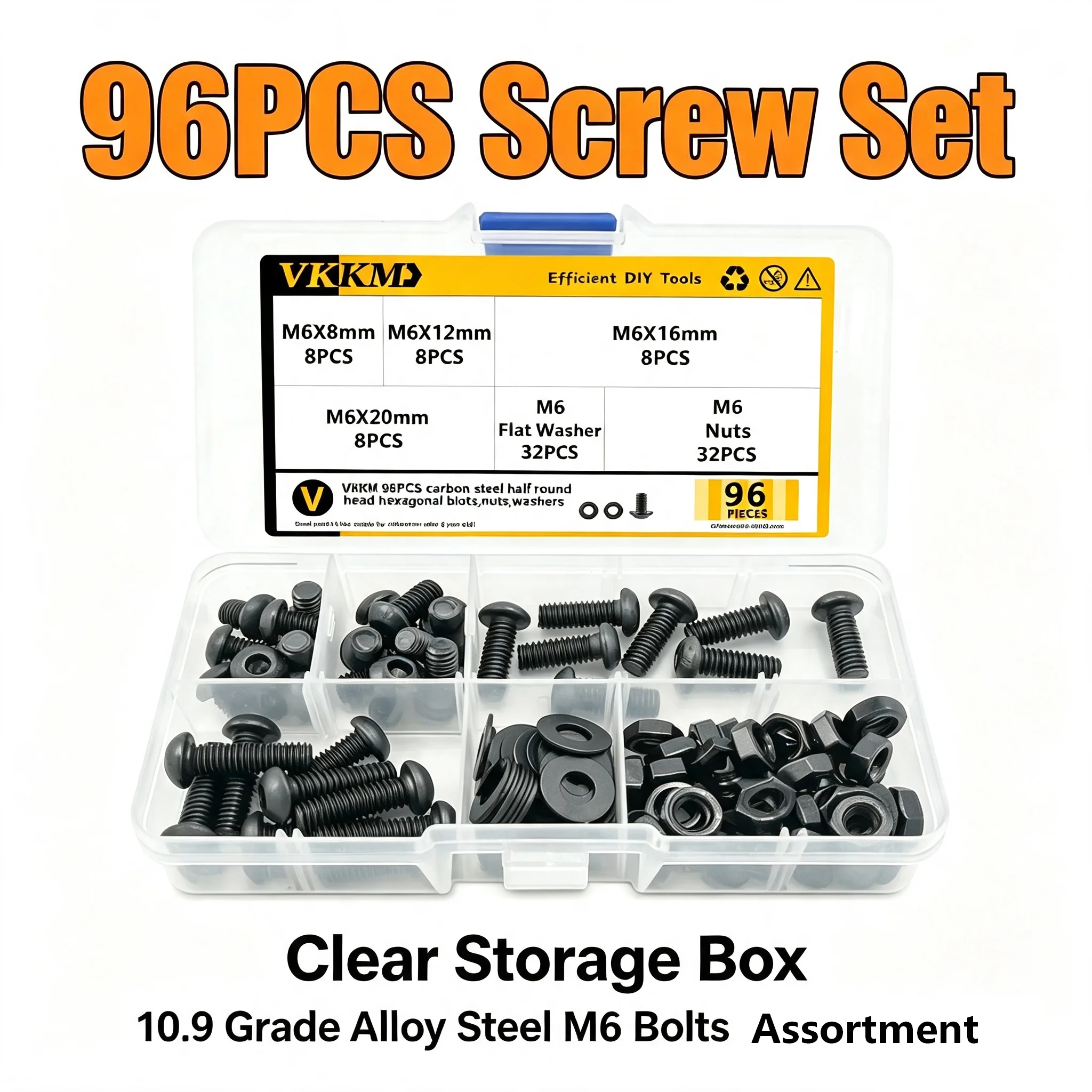 VKKM 96Pcs M6 Button Head Hex Socket Screws Set, 10.9 Grade Alloy Steel M6×8/12/16/20mm Round Pan Head Bolts with M6 Nuts & Flat Washers, Assortment Kit for Mechanical Assembly DIY Metal Projects