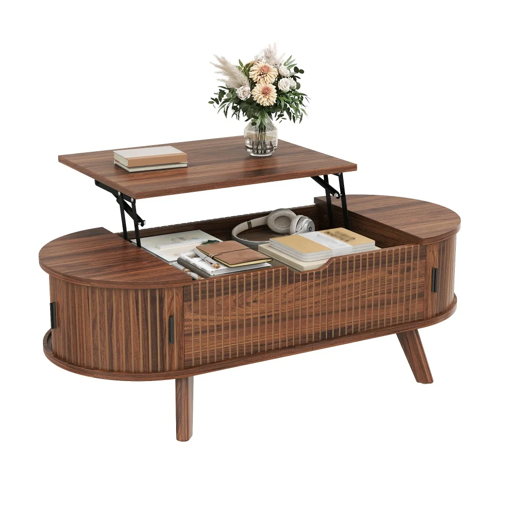 Tavolino da caffè moderno, forma ovale, dimensioni 110 × 50 × 53,5 cm, piano regolabile in altezza, con due ante scorrevoli, design effetto legno con trama a rilievo, colori chiaro/scuro.